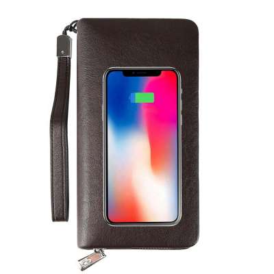 Smart travel wireless phone charging powerbank 4000mah mens leather wallet